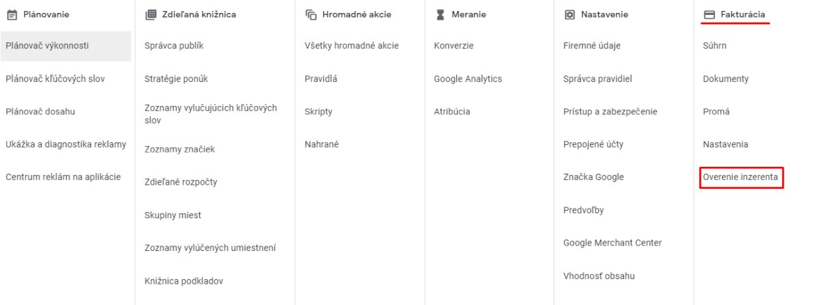 Overenie totožnosti a firmy v Google Ads