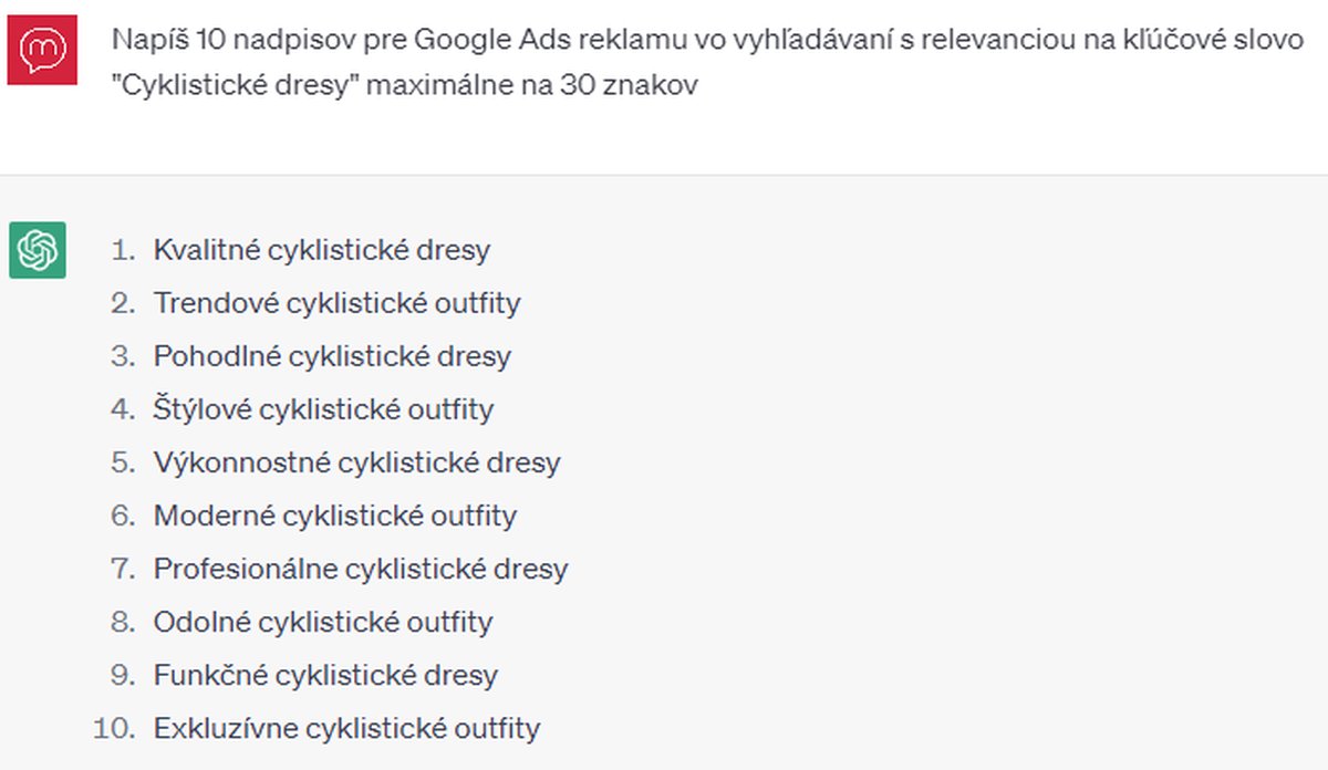 Návrh nadpisov pre reklamu v Google Ads od Chatu GPT
