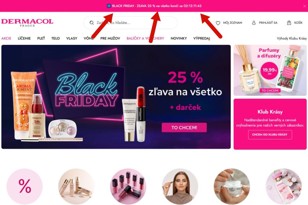 Reklama značky Dermacol na Black Friday s odpočítavaním času